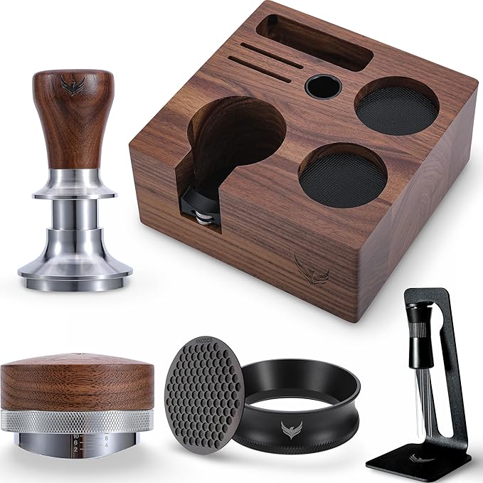 58.5mm Espresso Barista Kit – Walnut Espresso Press Tool Tamper, Espresso Distributor, Tamping Box, Dosing Funnel, Puck Screens, and WDT Tool