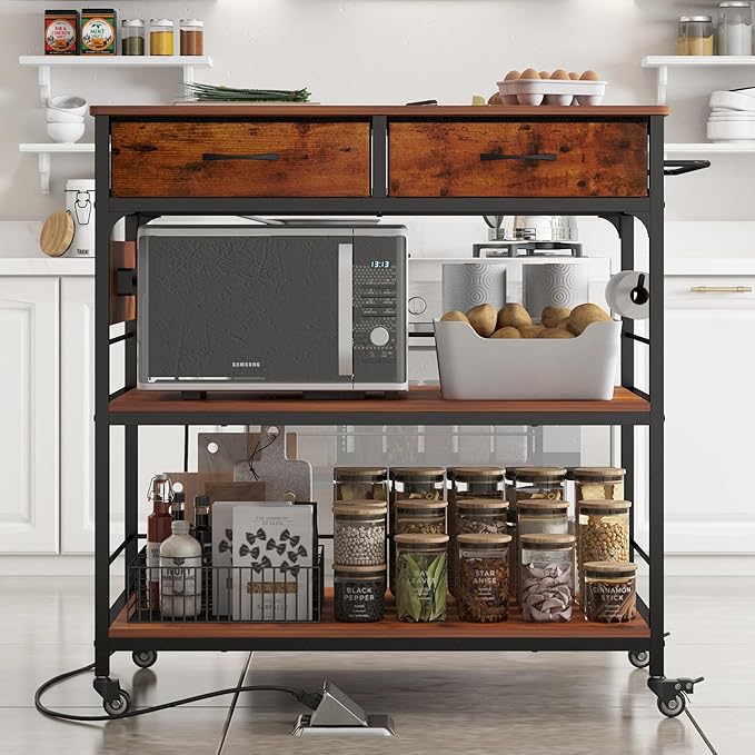 Kitchen Island with Storage,Mobile Kitchen Island Cart with Power Outlet,Industrial Kitchen Island on Wheels,Island Table for Kitchen