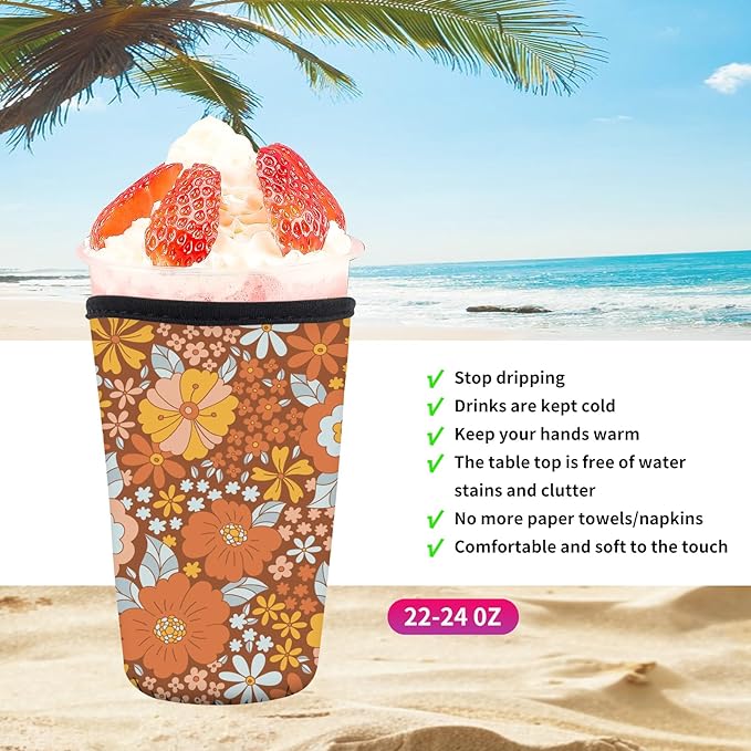Reusable Neoprene Insulator Sleeve for Iced Coffee Cold Soda Cups, Cute Durable Drink Sleeve for Cold Beverages, Medium 22-28oz Cup Sleeve Cute Orange Floral
