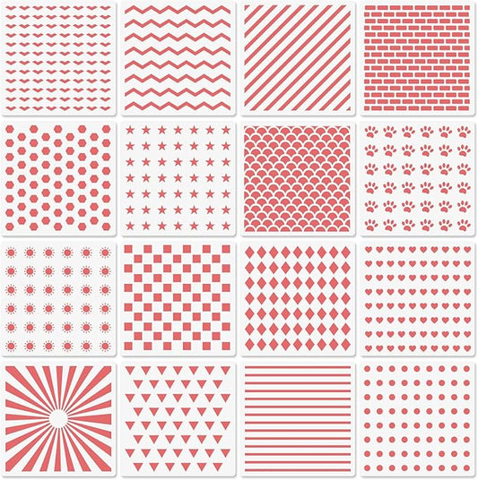 Cookie Stencils for Royal Icing Cookies Sugar Cookie, 16 Pcs 6x6in Reusable Plastic Biscuit Cake Stencils with Checkered Star Heart Dog Paw Shapes for Airbrush Baking Craft Drawing DIY Art Decor