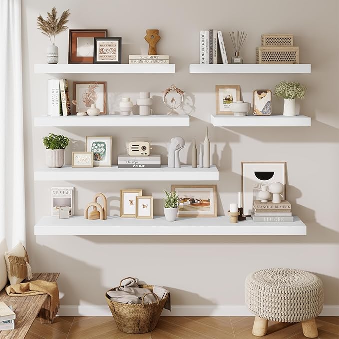 Fun Memories 32 x 12 Floating Shelves Wall-Mounted - Rustic Wood Shelf - 12 Inch Deep Floating Shelves for Wall - Large Storage Shelf for Bathroom - Kitchen & Bedroom - White - Set of 2