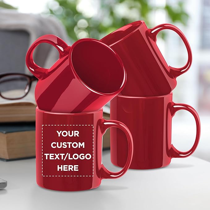 DISCOUNT PROMOS Ceramic Coffee Mugs 11 oz. Set of 10, Bulk Pack - Coffee cup set, Iced coffee cup, Gaming mug - Red