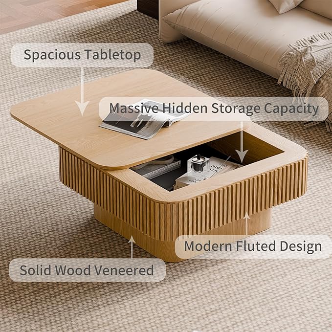 SZTHHDF Square Coffee Table for Living Room,Fluted Drum Accent Tea Center Table with Storage,Solid Wood Modern Coffee Tables for Small Space Office Apartment (31.5" L×31.5''W×14''H-Natural)