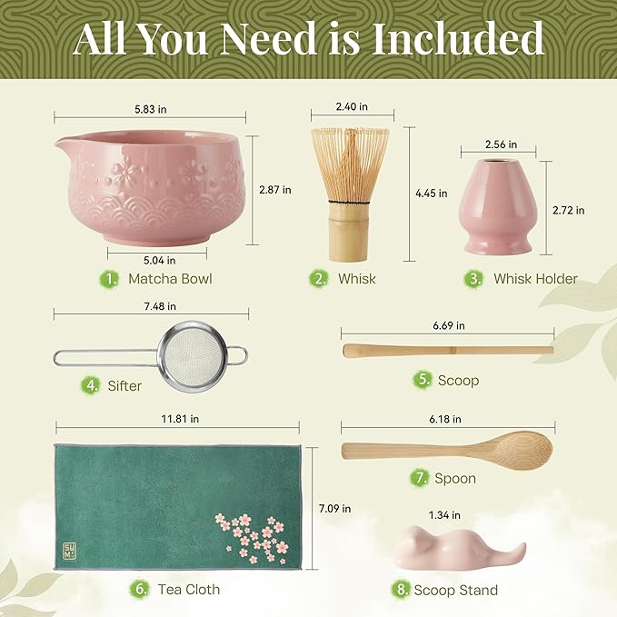 Matcha Whisk Set 9pcs – Matcha Tea Set with Ceramic Matcha Bowl, Bamboo Whisk (Chasen), Scoop, Sifter | Matcha Kit for Japanese Tea Ceremony & Beginners(Pink)
