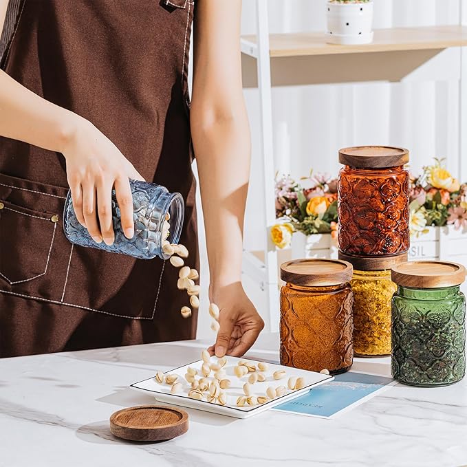Outus 5 Pcs 23.7oz Vintage Glass Jar with Lids Colored Glass Canisters Jars with Airtight Wooden Lids for Kitchen Counter Flour Sugar Cookie Coffee Tea Storage Containers