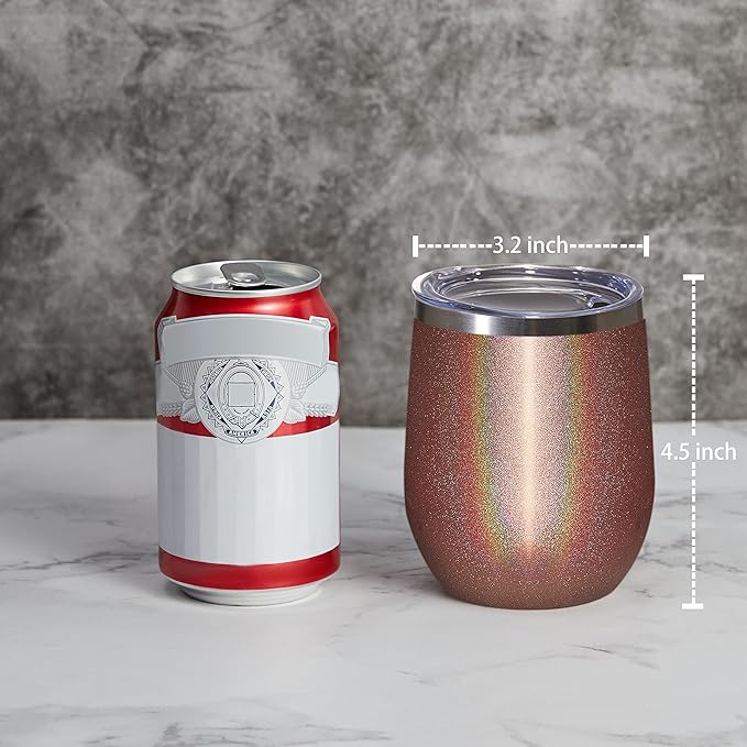 MEWAY 12oz/16 Pack Wine Tumbler Glasses with Lid - Stemless Double Wall Vacuum Stainless Steel Glitter Tumbler - Keeping Cold & Hot Cup for Coffee,Gift for Women(Rainbow Rose Gold,Set of 16)