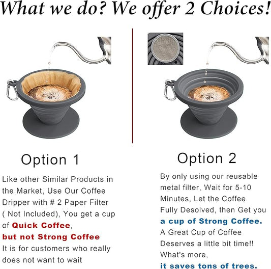 Collapsible Coffee Dripper Pour Over Coffee Filter, Silicone Reusable Coffee Maker,Paperless Coffee Brew Maker,Dishwasher Safe,Carabineer for Hiking, Backpacking,Camping,Home,Office(Grey)