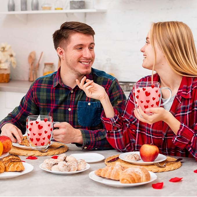 JarThenaAMCS Valentine' s Day Double Wall Glass Coffee Mugs Insulated Glasses 12Oz Red Heart Clear Espresso Cups with Handle for Home Holiday Supplies, Set of 2