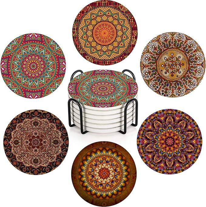 Britimes Coaster for Drinks Set of 6, Africa Mandala Circular Colorful Table Absorbent Round Ceramic Stone Mat, with Cork Base and Metal Holder, Gift for Housewarming Room Bar Decor