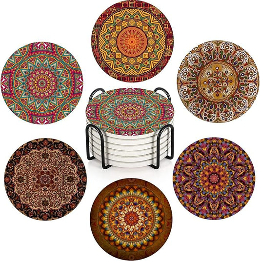 Britimes Coaster for Drinks Set of 6, Africa Mandala Circular Colorful Table Absorbent Round Ceramic Stone Mat, with Cork Base and Metal Holder, Gift for Housewarming Room Bar Decor