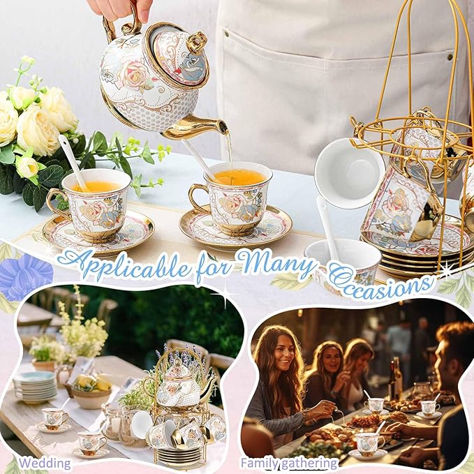 Zhehao 20 Pcs Porcelain Tea Set with Metal Holder and Spoon Adult Ceramic Tea Set European Flower Painting Teapot Cup Saucer Spoon for Women, Large Version(Minimalist Style)