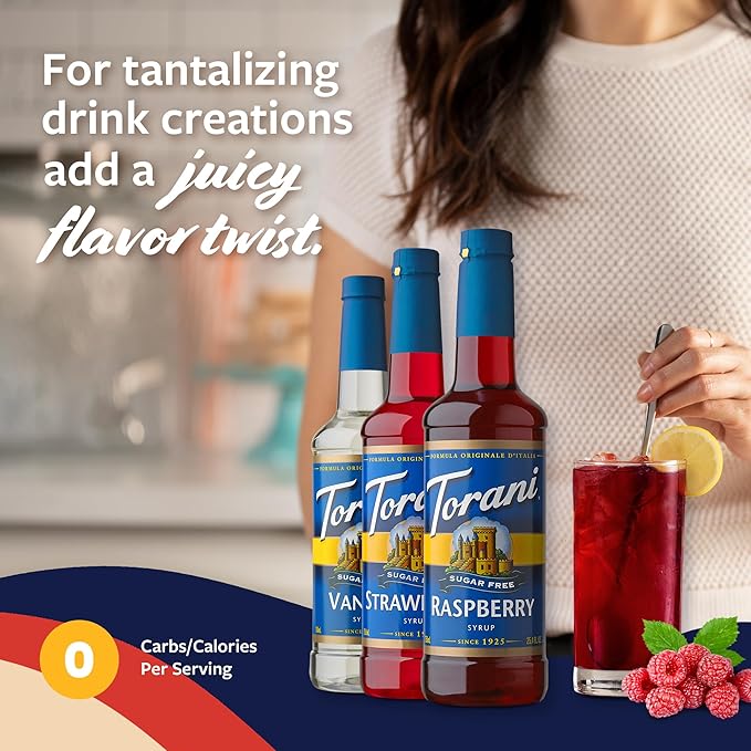 Torani Sugar Free Syrup Variety 3-Pack, Strawberry, Raspberry, and Vanilla, Zero-Calorie Syrups for Drinks, Pumps Included, 25.4 Oz Ea