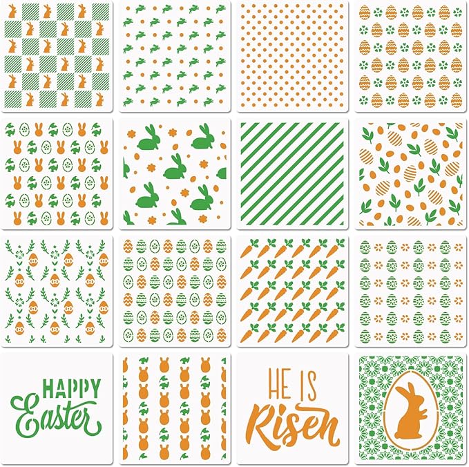 6in Easter Cookie Stencils for Royal Icing, Eggs Carrot Rabbit Face Bunny Shapes, 16 Pcs Assorted Sizes Easter Eggs Stencils for Baking Drawing Dessert Coffee Decoration