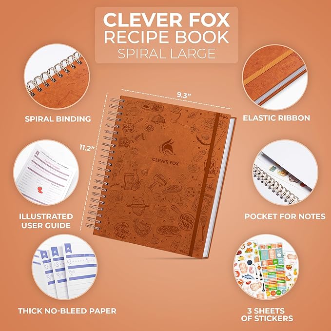 Clever Fox Recipe Book Spiral – Blank Family Cookbook – Empty Cooking Journal – Notebook Organizer to Write In Recipes – Large (Orange)