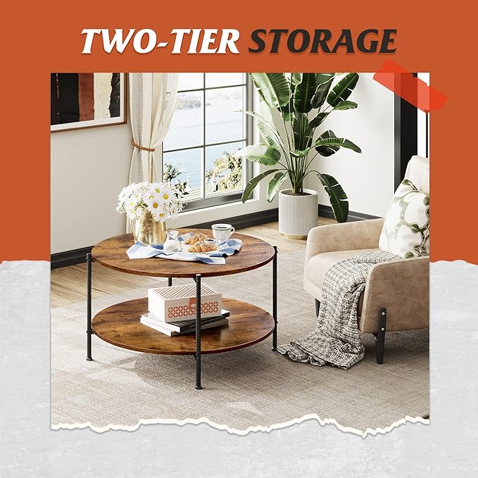 WLIVE Round Coffee Table, 32.6" Small Coffee Table with Storage Shelf, 2-Tier Circle Wood Center Table for Living Room, Apartment, Rustic Brown