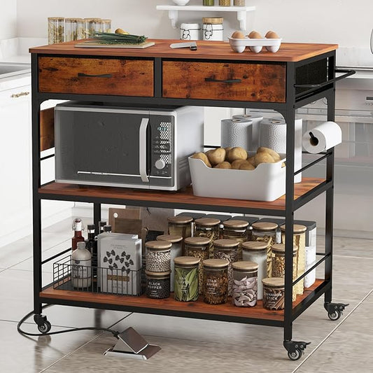 Kitchen Island with Storage,Mobile Kitchen Island Cart with Power Outlet,Industrial Kitchen Island on Wheels,Island Table for Kitchen