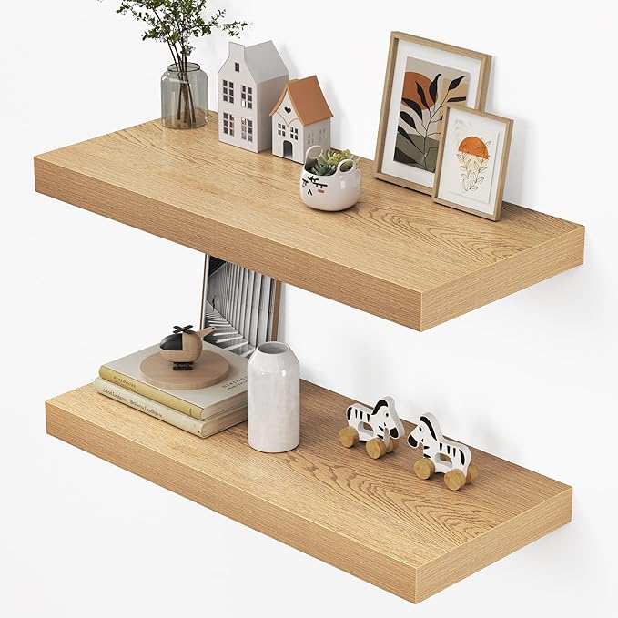 Dreamland 32" Floating Shelves for Wall, 12" Deep Thicker Oak Floating Shelves, Wall-Mounted Shelves for Bedroom, Living Room, Kitchen, Bathroom - Set of 2