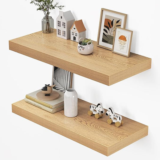 Dreamland 32" Floating Shelves for Wall, 12" Deep Thicker Oak Floating Shelves, Wall-Mounted Shelves for Bedroom, Living Room, Kitchen, Bathroom - Set of 2