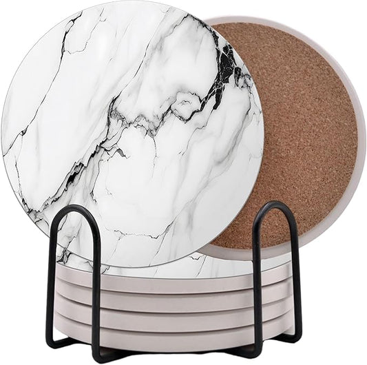 White Agate Marble Round Coasters Set of 6 - Abosrbent Ceramic Coasters with Metal Stand for Drinks, Coffee, Non-Slip Cork Back for Tabletop Protection, 4 Inches Marbled Pattern (Black)