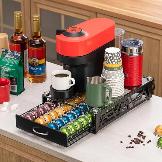 ZCDCP Pod Holder - Modern Sleek Black Metal Capsule Organizer for Nespresso Pod Storage Glass Top, Stylish Coffee Machine Stand for Coffee Bar, Office or Home Kitchen(40 Pods Capacity)