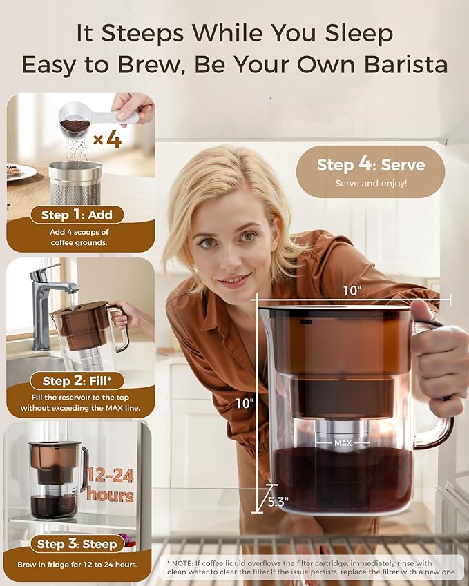 Waterdrop Cold Brew Coffee Maker with 1 Magnesium Water Filter, Well-Balanced Acidity, Unlocks Flavor and Aroma, BPA-Free, Precision Fine Mesh Filter for Iced Coffee, Tea, Lemonade, Brown