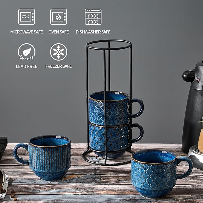 JH JIEMEI HOME Large Ceramic Coffee Mug Set of 4 with Stand, 15 Oz Stackable Different Embossment Ribbed Latte Cup Set for Cappuccino, Tea, Hot Cocoa, Drinks - Dishwasher & Microwave Safe, Blue