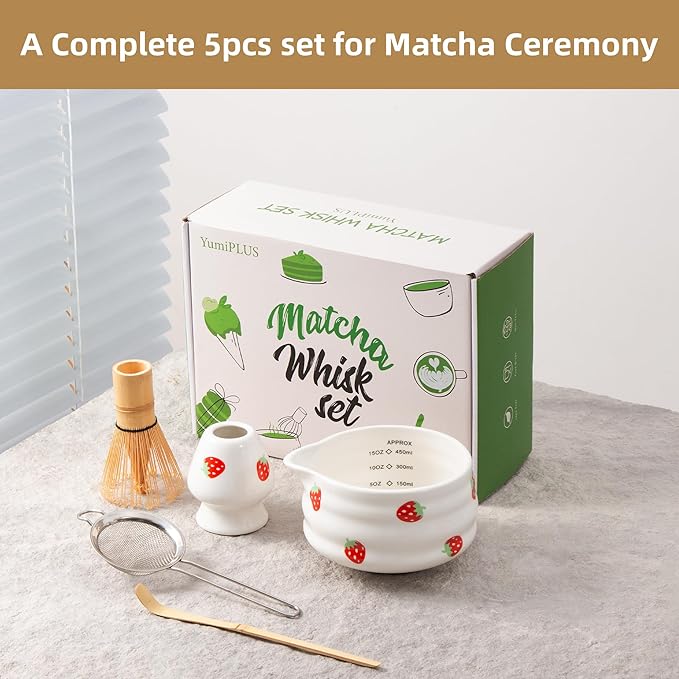 5pcs Premium Matcha Set,Ceramic Bowl with Spout and Bamboo Whisk set, Ceremonical Matcha Kit for breakfast/latte,Tea Starter Making Kit,Unique Matcha Gift set (strawberry)