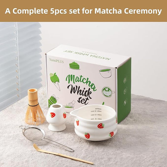 5pcs Premium Matcha Set,Ceramic Bowl with Spout and Bamboo Whisk set, Ceremonical Matcha Kit for breakfast/latte,Tea Starter Making Kit,Unique Matcha Gift set (strawberry)