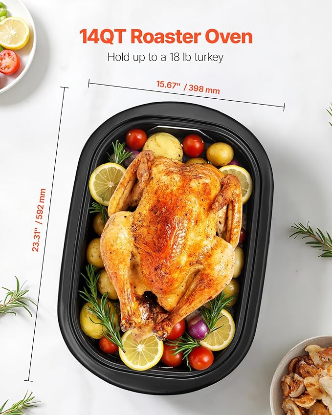 VEVOR Roaster Oven, 14QT Fast-Cooking Turkey Roaster, 150-450℉ Adjustable Temperature Electric Roasting Pan with Self-Basting Lid, Roasting Lift-Out Rack, Defrost & Warm Function, Fits 18lb Turkey