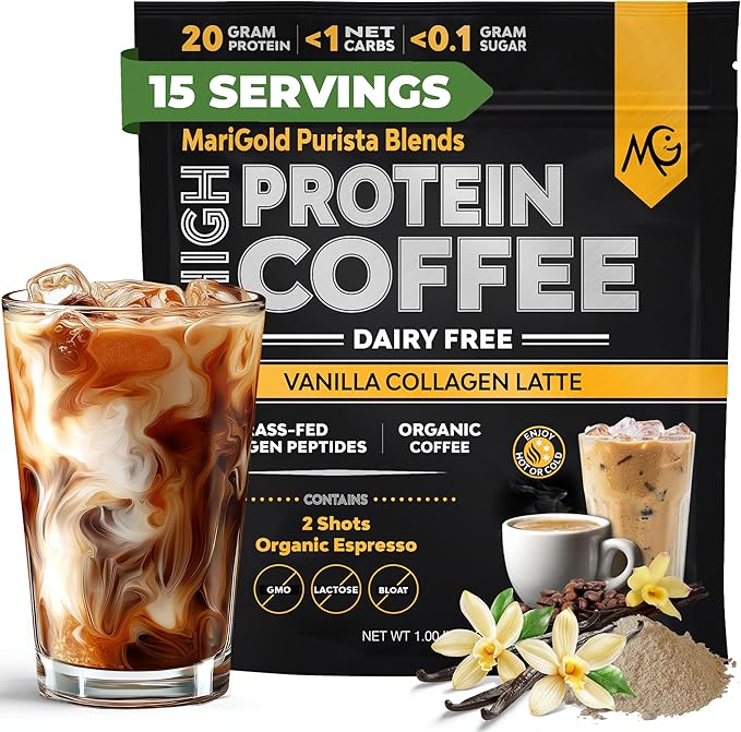 MariGold High Protein Collagen Coffee - Vanilla Collagen Latte, Dairy Free, 20g Grass-Fed Type I & III Collagen Peptides, Energy Boost, 2 Shots Organic Espresso, Non-GMO, 1 Lb Bag, 15 Servings