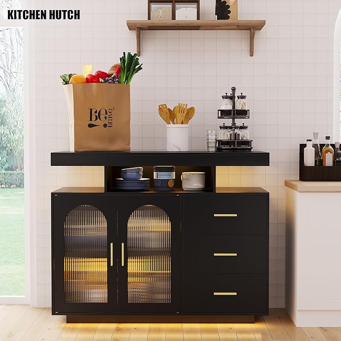 Buffet Cabinet with Storage, Modern Coffee Bar Table with 3 Drawers and 2 Doors for Kitchen, 20-Color LED Lights Sideboard Buffet Cabinet with Charging Station, Black