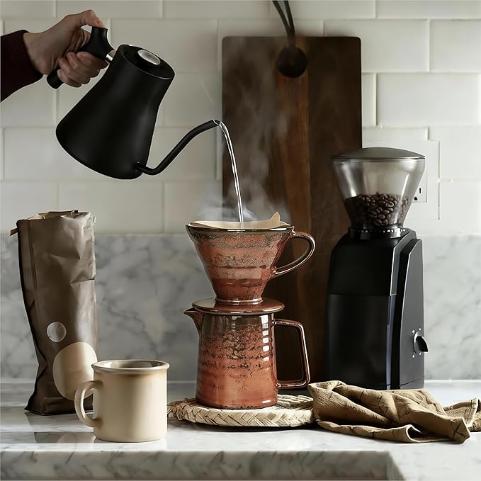 Vintage Ceramic Pour Over Coffee Maker with V60-Style Dripper and 40 Paper Filters (Red)