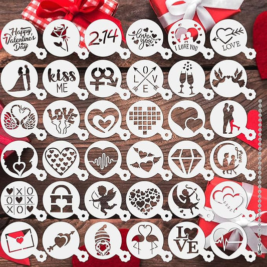 JULBEAR Valentine's Day Cookie Stencils, 36 Pieces Reusable Cookie Coffee Decorating Stencils Templates Mold Tools for Cookies Baking Painting Dessert Coffee Decoration DIY Valentines Party Decor
