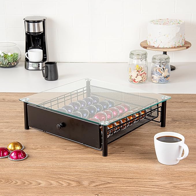 Restaurantware Restpresso 15.6 x 14.1 x 4.2 Inch Coffee Capsule Drawer 1 Heavy-Duty Pod Drawer - Holds 40 Nespresso Vertuo Capsules Glass Top Iron Espresso Pod Organizer Pods Not Included