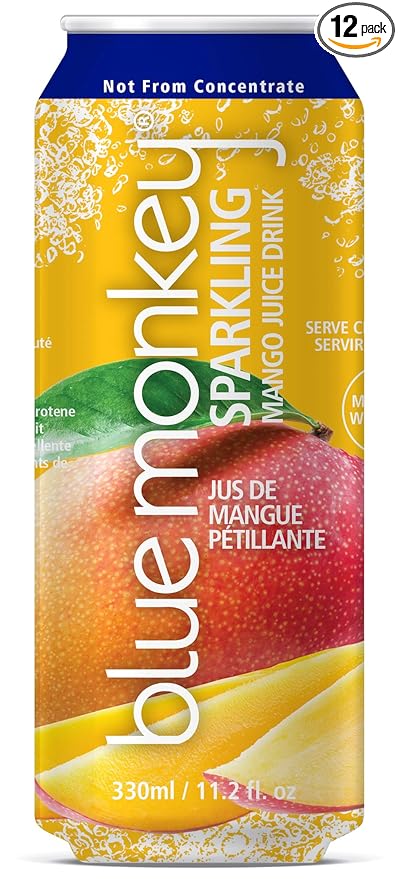 Blue Monkey Sparkling Mango Juice - Real Fruit Juice, No Sugar Added, All Natural, Lightly Carbonated, Halal Certified - Refreshing Tropical Sparkling Water Alternative - 11.2oz (330ml) 12 Pack