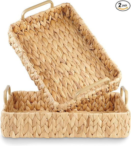 Set of 2 Rectangular Wicker Trays with Handles - Decorative Trays for Coffee Table, Ottoman, Dining Room, Living Room (Natural)