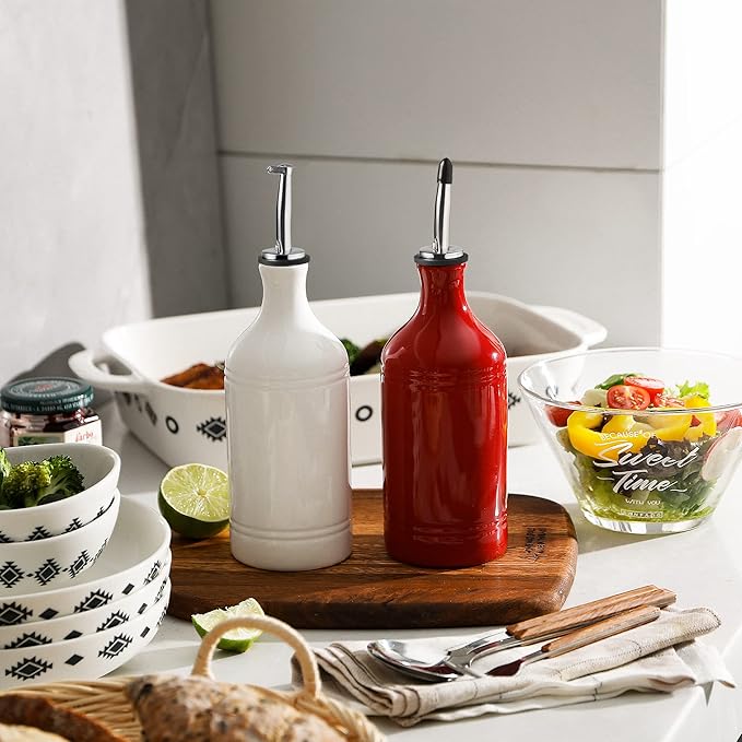 Sweejar Ceramic Olive Oil Dispenser Bottle, Opaque Oil Cruet Protects to Reduce Oxidation, Suitable for Storage Vinegar, Coffee Syrups & Other Liquids, Pack of 1, 15.5 Fl Oz(Red)