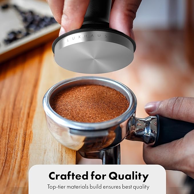 LuxHaus Calibrated Level Tamper for Espresso Machine with Spring Loaded 100% Flat Stainless Steel Base (53mm)