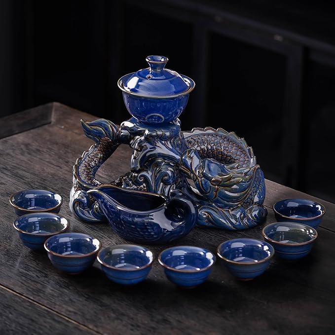 Semi Automatic Tea Set Ceramic Teapot with Infuser Magic Teapot with 8 cups (Dark Blue Dragon-D)
