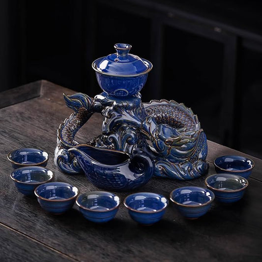 Semi Automatic Tea Set Ceramic Teapot with Infuser Magic Teapot with 8 cups (Dark Blue Dragon-D)