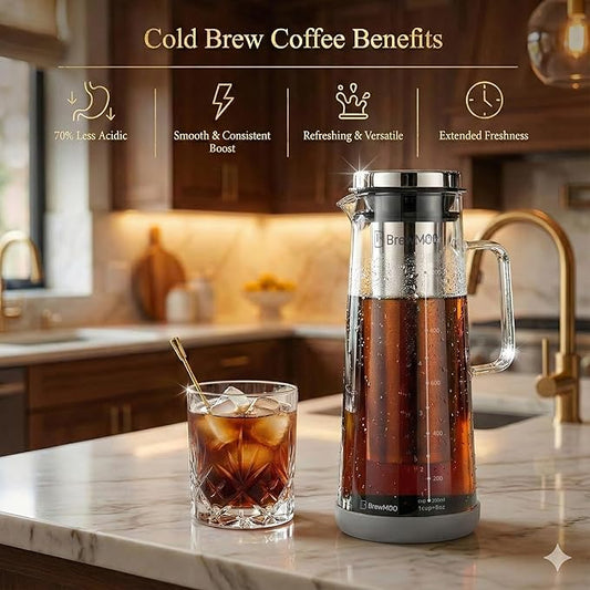 BrewMOO Cold Brew Coffee Maker Pitcher, 1.4L/48Oz Airtight Borosilicate Glass Carafe with 150 Mesh Precision Filter | Barista Grade Iced Coffee Maker, Integrated Glass Handle & Non Slip Base (Grey)