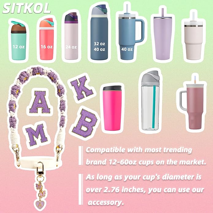 Compatible with Owala Water Bottle Accessories, Cute Letter Charm Set with Boho Handle Strap, Monogram Sticker, Silicone Ring, Keychain Decoration, for FreeSip 24 32 40oz, Owala Kids, Tumbler Gift
