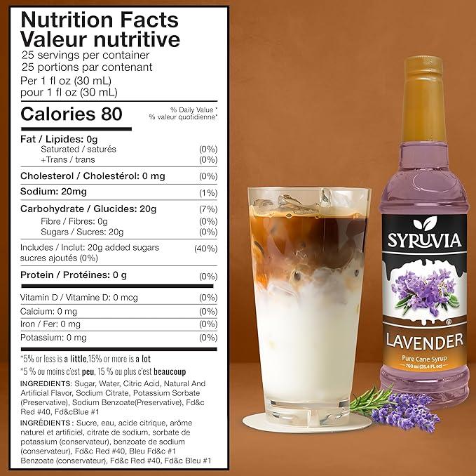 Syruvia Coffee Syrup, Lavender Flavored Syrup for Drinks, Lattes, and Desserts – 25.4 fl oz