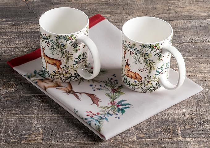 Maison d' Hermine Coffee Mug with Handles Fine Bone China Mugs Pack of Two Tea Cups for Hot Beverages Cappuccino Latte Home Restaurant Office Perfect for Gift (Holly Time, 15 Ounce)