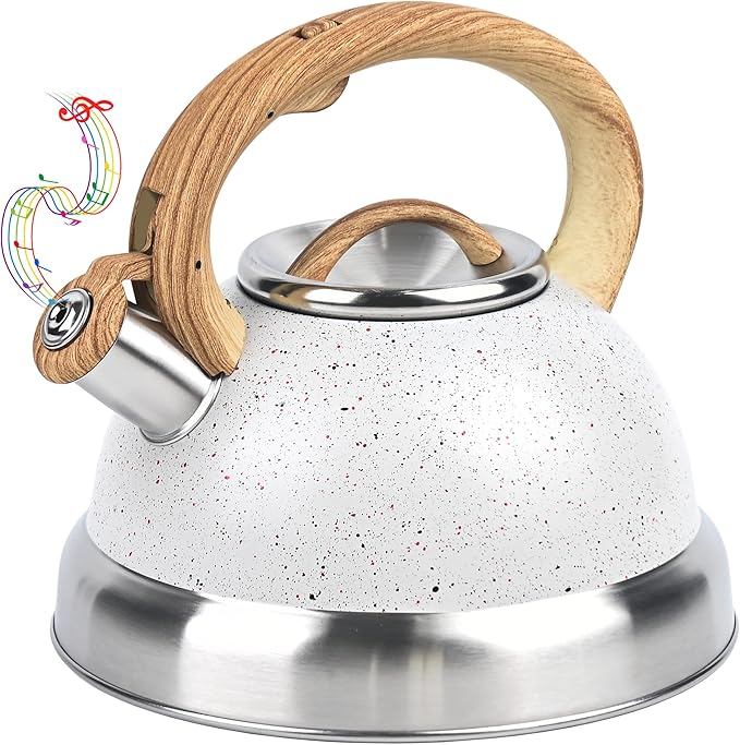 3 Quart Stainless Steel Whistling Tea Kettle – Natural Stone Finish Teapot with Cool-Touch Wood Handle, Loud Whistle & Rust-Resistant Base(white)