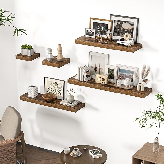 Square Floating Shelves for Wall, 10"W x 10"D x 1.4"H, Small Wooden Wall Mounted Display Shelf with Invisible Brackets for Living Room, Bedroom, Bathroom, Kitchen Decor, Set of 4, Rustic Brown