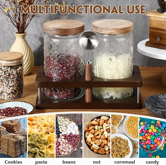 Suclain Glass Coffee Grounds Container with Shelf 2 x 34 oz Glass Coffee Bean Storage Canisters with Airtight Thread Lid and Measuring Spoon Food Storage Jars for Kitchen Sugar Nut