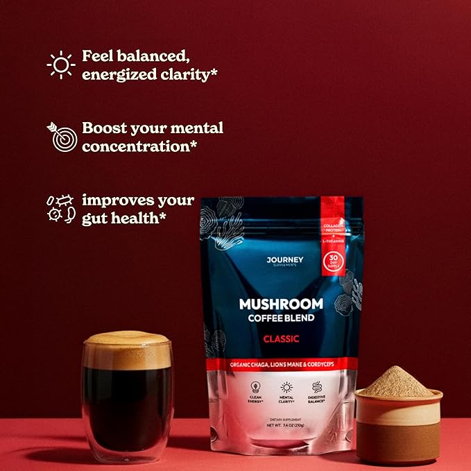 Mushroom Coffee with Collagen - Classic Blend – Adaptogenic Instant Coffee for Energy, Focus, & Mental Clarity – Enhanced with Lion’s Mane, Chaga, Cordyceps & L-Theanine (30 Servings)