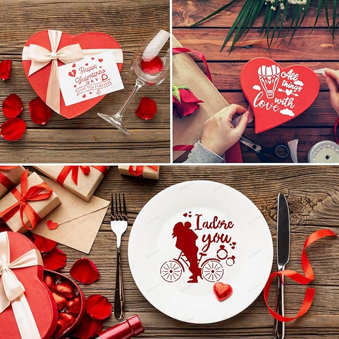 Valentines Day Cake Stencils Kit Reusable Cookie Coffee Stencil Drawing Template for Dessert Buttercream Painting Envelopes DIY Crafts Wall Floor Decor (9 Pcs Love Words)