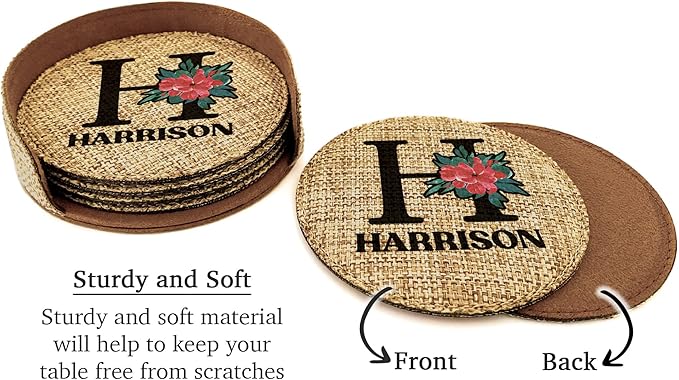 Smile Art Design Family Monogram Custom Coaster Set of 6 with Base Round Burlap Material Family Name Personalized Prints Personalized Gifts House Warming Wedding Gift Living Room Rustic Decor Style6